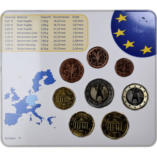 Deutschland,
Setze 1 ct. - 2 Euro,
Münzkarte. FDC